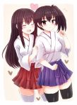  2girls :d ^_^ ^o^ akagi_(kantai_collection) black_legwear blush brown_eyes brown_hair closed_eyes hakama_skirt japanese_clothes kaga_(kantai_collection) kantai_collection long_hair looking_at_viewer mazeru_(jisjifin) multiple_girls open_mouth side_ponytail smile straight_hair thigh-highs white_legwear 