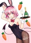  1girl animal_ears black_leotard bottle bow bowtie breasts brown_legwear bunny_girl bunny_tail bunnysuit carrot cup demon_tail detached_collar drinking_glass gradient gradient_background highres leotard looking_at_viewer momo_velia_deviluke pantyhose pink_background pink_eyes pink_hair playboy_bunny_leotard rabbit_ears red_neckwear short_hair small_breasts solo tail to_love-ru to_love-ru_darkness tray wine_glass wrist_cuffs zeroonethousand 