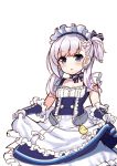  1girl apron apron_lift azur_lane belfast_(azur_lane) bird blue_eyes bow_choker braid chick choker commentary_request french_braid highres long_hair looking_at_viewer maid maid_headdress parted_lips raiou ribbon_choker silver_hair simple_background sketch solo white_background younger 