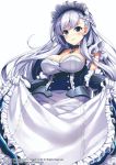  1girl apron apron_lift azur_lane belfast_(azur_lane) blue_eyes braid breasts cleavage commentary_request french_braid highres long_hair looking_at_viewer maid maid_apron maid_headdress parted_lips raiou silver_hair simple_background smile solo white_background 