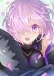  1girl armor bare_shoulders black_armor blush commentary_request eyebrows_visible_through_hair fate/grand_order fate_(series) hair_between_eyes highres holding holding_shield holding_weapon looking_at_viewer mash_kyrielight one_eye_covered open_mouth petals purple_hair shield short_hair solo tears violet_eyes weapon yuuki_yuchi 