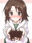  1girl @_@ absurdres blush brown_eyes brown_hair chocolate chocolate_on_face eyebrows_visible_through_hair food food_on_face girls_und_panzer highres isofude ooarai_school_uniform sawa_azusa solo sweat translation_request valentine wavy_mouth 