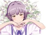  1girl blush bow bowtie brown_eyes chin_rest commentary_request eyebrows_visible_through_hair flower hair_flaps hair_intakes hair_ornament hairclip idolmaster idolmaster_cinderella_girls koshimizu_sachiko lavender_hair lily_(flower) looking_at_viewer mitche shirt short_hair short_sleeves simple_background smile solo upper_body 