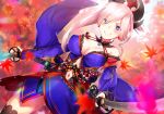  blue_eyes blush breasts cleavage copyright_request holding holding_weapon kirushi_(killcy) looking_at_viewer miyamoto_musashi_(fate/grand_order) navel ponytail smile sword weapon 