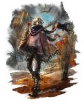  1boy apple basket bird bridge covered_mouth curly_hair food fruit full_body leg_wraps looking_back octopath_traveler official_art poncho pouch scarf short_hair solo_focus square_enix therion_(octopath_traveler) walking yoshida_akihiko 