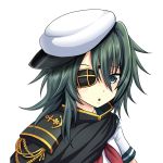  1girl beret cape eyepatch green_hair grey_eyes hat highres kantai_collection kiso_(kantai_collection) long_hair looking_at_viewer parted_lips remodel_(kantai_collection) school_uniform serafuku simple_background solo tk8d32 white_background 