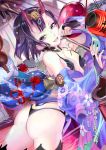  119 1girl :d ass black_hair bridal_gauntlets commentary_request eyeliner fate/grand_order fate_(series) gourd grey_eyes hair_ornament highres japanese_clothes lampion looking_at_viewer makeup oni_horns open_mouth oriental_umbrella parted_lips short_hair shuten_douji_(fate/grand_order) smile solo umbrella white_skin 