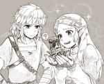  1boy 1girl ? bag blush fingerless_gloves gloves grey_background greyscale guardian_(breath_of_the_wild) hair_ornament hairclip hands_on_hips link long_hair miniature monochrome open_mouth pointy_ears princess_zelda sayoyonsayoyo short_hair shoulder_bag simple_background sparkle spoken_question_mark sweatdrop the_legend_of_zelda the_legend_of_zelda:_breath_of_the_wild twitter_username upper_body 