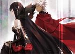  1boy 1girl absurdly_long_hair amakusa_shirou_(fate) backless_outfit black_dress black_hair black_shirt cape closed_eyes couple dark_skin detached_sleeves dress earrings fate/apocrypha fate/grand_order fate_(series) from_behind fur_trim hetero holding_skirt jewelry kuramubon_wa_shinda_yo long_dress long_hair looking_at_another pointy_ears semiramis_(fate) shirt short_hair side-by-side smile very_long_hair walking white_hair yellow_eyes 