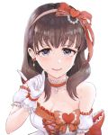  1girl animal_ears arm_garter bare_shoulders blue_eyes blush bow brown_hair choker commentary_request dress ear_ribbon earrings eyebrows_visible_through_hair finger_ribbon frilled_dress frills gloves hair_bow hair_ornament hair_ribbon hairband heart heart_hair_ornament idolmaster idolmaster_cinderella_girls jewelry looking_at_viewer parted_lips pink_hairband pinky_out red_bow red_ribbon ribbon sakuma_mayu simple_background smile solo strapless strapless_dress sweat upper_body white_background white_dress white_gloves wrist_ribbon 