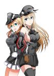  2girls :d anchor_hair_ornament arm_hug bismarck_(kantai_collection) black_legwear blonde_hair blue_eyes breasts brown_gloves commentary_request detached_sleeves gloves green_eyes hair_ornament hat kantai_collection long_hair looking_at_viewer multiple_girls open_mouth peaked_cap pleated_skirt prinz_eugen_(kantai_collection) remodel_(kantai_collection) sideboob simple_background skirt smile steed_(steed_enterprise) thigh-highs twintails white_background white_gloves zettai_ryouiki 