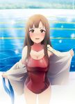  1girl breasts brown_eyes brown_hair cleavage competition_swimsuit cowboy_shot highres idolmaster idolmaster_cinderella_girls kabayaki_unagi lane_line large_breasts long_hair looking_at_viewer mizumoto_yukari one-piece_swimsuit open_clothes open_mouth open_shirt pool smile solo sparkle swimsuit 