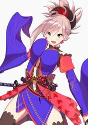  1girl blue_eyes fate/grand_order fate_(series) highres japanese_clothes kimono kuroshiro_(ms-2420) leaf_print maple_leaf_print miyamoto_musashi_(fate/grand_order) navel open_mouth red_earrings smile white_background 