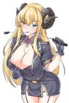  1girl black_gloves blonde_hair blue_eyes breasts cleavage curled_horns demon_girl garter_straps gloves heterochromia horns huge_breasts long_hair looking_at_viewer merufena military military_uniform original riding_crop shirt_tug solo tongue tongue_out uniform yellow_eyes 