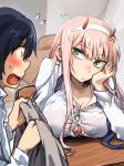  1boy 1girl aqua_eyes black_hair blush bra bra_peek breasts bursting_breasts classroom cleavage collarbone darling_in_the_franxx herozu_(xxhrd) hiro_(darling_in_the_franxx) horns large_breasts long_hair necktie necktie_removed pink_bra pink_hair school_uniform surprised sweatdrop table underwear wide-eyed zero_two_(darling_in_the_franxx) 