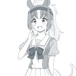  1girl alternate_costume animal_ears blush check_commentary chestnut_thoroughbred_(kemono_friends) commentary commentary_request eyebrows_visible_through_hair greyscale headgear horse_ears horse_tail kemono_friends light_brown_hair long_hair monochrome multicolored_hair neckerchief pleated_skirt ponytail puffy_short_sleeves puffy_sleeves school_uniform short_sleeves skirt solo tail totokichi white_hair 