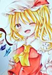  :d ascot blonde_hair blush brown_eyes crystal fangs flandre_scarlet frills furawast hat marker_(medium) mob_cap one_eye_closed open_mouth red_ribbon red_shirt ribbon shirt short_sleeves side_ponytail smile touhou traditional_media wings 