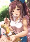  1girl :d blush breasts brown_eyes brown_hair chopsticks cleavage commentary_request food hair_ribbon highres idolmaster idolmaster_shiny_colors kanzaki_kureha large_breasts long_hair looking_at_viewer open_mouth outstretched_hand ponytail ribbon smile solo tsukioka_kogane 