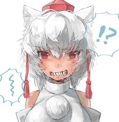  1girl animal_ears blush hat inubashiri_momiji pororikin red_eyes sharp_teeth solo teeth tokin_hat touhou white_hair wolf_ears 