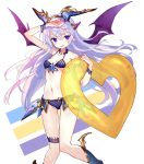  1girl abusoru arm_up bikini breasts hair_ornament halter_top halterneck heart highres innertube long_hair looking_at_viewer navel pointy_ears purple_hair simple_background small_breasts smile solo standing stomach sweat swimsuit very_long_hair violet_eyes white_background wings 