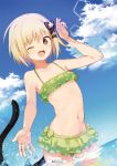  ;d alice_or_alice arm_up bikini blonde_hair blue_sky blurry brown_eyes cat_tail cowboy_shot day depth_of_field eyebrows_visible_through_hair fang flat_chest frilled_bikini frills gluteal_fold green_bikini hair_ribbon highres looking_at_viewer navel one_eye_closed open_mouth outdoors outstretched_hand ribbon scan sky smile splashing swimsuit tail tress_ribbon wading 