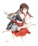  1girl akagi_(kantai_collection) archery arrow bow_(weapon) brown_eyes brown_hair cowboy_shot flight_deck gloves hakama_skirt horikou japanese_clothes kantai_collection kyuudou long_hair machinery mast muneate nontraditional_miko quiver single_glove solo straight_hair tasuki thigh-highs weapon 