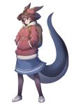  1girl 307_(aho307) ahoge animal_ears backpack bag blue_eyes blue_skirt brown_hair closed_mouth commentary food food_on_head fruit_on_head full_body hands_in_pocket highres hood hoodie horns legs_apart long_sleeves looking_at_viewer object_on_head original pantyhose purple_legwear shoes short_hair simple_background skirt solo standing tail white_background white_footwear 