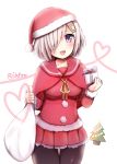  1girl :d alternate_costume blue_eyes blush box capelet christmas christmas_tree dress gift gift_box hair_ornament hair_over_one_eye hairclip hamakaze_(kantai_collection) hat highres kantai_collection looking_at_viewer mazeru_(jisjifin) open_mouth red_dress sack santa_costume santa_hat short_hair silver_hair smile solo twitter_username 