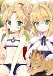  2girls animal animal_ears artoria_pendragon_(all) bandeau bangs bare_arms bare_shoulders belt_buckle black_belt black_legwear blonde_hair blue_cloak blue_shorts blush buckle byulzzimon candy cloak closed_mouth collarbone collared_shirt commentary_request crown eyebrows_visible_through_hair fate/apocrypha fate/grand_order fate/stay_night fate_(series) food fur-trimmed_cloak fur_trim green_eyes hair_between_eyes hair_intakes holding holding_lollipop jewelry kemonomimi_mode lion lion_ears lollipop long_sleeves mordred_(fate) mordred_(fate)_(all) multiple_girls pantyhose parted_lips pendant ponytail saber shirt short_shorts shorts sidelocks sitting sleeves_past_wrists smile wavy_mouth white_background white_bandeau white_shirt younger 