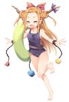  1girl :d alternate_hairstyle bare_legs barefoot belt blue_ribbon blush bow chains closed_eyes cuffs double_bun forehead full_body hair_bow highres horn_ribbon horns ibuki_suika innertube long_hair maturiuta_sorato one-piece_swimsuit one_leg_raised open_mouth orange_hair pointy_ears red_bow ribbon simple_background smile solo standing swimsuit thigh_gap touhou transparent very_long_hair white_background 