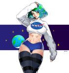  1girl absurdres aqua_hair arm_up baggy_clothes blue_shorts breasts cropped_sweater earth earth-chan freckles green_eyes green_hair hand_on_head highres large_breasts looking_at_viewer looking_to_the_side midriff multicolored_hair nasa nasa_logo navel original short_shorts shorts space star stomach sweater thigh-highs two-tone_hair universe white_sweater zelus 