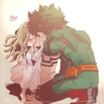  1boy 1girl 2girls bandage bandaged_arm bandaged_leg barefoot blonde_hair blush boku_no_hero_academia closed_eyes dress eri_(boku_no_hero_academia) gloves green_hair green_jumpsuit kikkou kiss kneeling long_hair midoriya_izuku multiple_girls shadow size_difference spiky_hair torn_clothes translation_request 