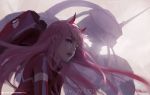  1girl :d artist_name bangs blue_eyes bodysuit darling_in_the_franxx eyeshadow from_below grey_background hairband highres horn horns lips long_hair looking_at_viewer makeup mecha open_mouth patreon_username pilot_suit pink_hair red_bodysuit smile solo strelizia upper_body upper_teeth very_long_hair watermark web_address white_hairband wlop zero_two_(darling_in_the_franxx) 