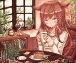  1girl :3 animal_ears bangs blunt_bangs blush book bookshelf cake cat_ears cat_tail chair clock coffee_mug collarbone creamer_(vessel) cup day desk_lamp eyebrows_visible_through_hair file_cabinet food fork holding holding_cup indoors kyuumoto_kuku lamp long_hair long_sleeves looking_at_viewer menu mug original plant plate potted_plant redhead restaurant signature silver_hair sitting slit_pupils solo spoon sweater table tail test_tube white_sweater window 