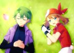  1boy 1girl :d blue_eyes brown_hair closed_eyes commentary_request gloves grass green_hair haruka_(pokemon) looking_at_viewer lying on_back on_side open_mouth petals pokemon pokemon_(anime) ryuzaki0827 short_hair shuu_(pokemon) smile two-tone_gloves 