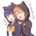  2girls :d ^_^ animal_hood bangs black_jacket blue_hair blush bow bowtie cat_hood closed_eyes eyebrows_visible_through_hair hand_on_another&#039;s_shoulder hood hood_up hoshizora_rin jacket kanabun love_live! love_live!_school_idol_project love_live!_sunshine!! multiple_girls open_mouth orange_hair school_uniform serafuku simple_background smile translation_request tsushima_yoshiko upper_body violet_eyes white_background yellow_neckwear 