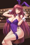  1girl alternate_costume animal_ears bare_shoulders blush bow bowtie breasts bunny_girl bunnysuit commentary_request fate/grand_order fate_(series) fishnet_pantyhose fishnets glass highres long_hair looking_at_viewer one_eye_closed pantyhose purple_hair rabbit_ears red_eyes scathach_(fate/grand_order) shiny shiny_hair shiny_skin shuugetsu_karasu sitting smile solo tipsy very_long_hair wrist_cuffs 
