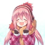  1girl :d ^_^ ^o^ black_gloves closed_eyes coat commentary_request fingerless_gloves gloves gradient gradient_background hat kagamihara_nadeshiko long_hair looking_at_viewer low_twintails open_mouth pink_hair scarf shimokirin simple_background smile solo twintails winter_clothes winter_coat yurucamp 