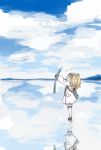  1girl backpack bag blonde_hair clouds cloudy_sky commentary_request dress enjaku_izuku from_side gambier_bay_(kantai_collection) highres holding_map kantai_collection long_hair long_sleeves lost_child outdoors reflection salar_de_uyuni sky solid_circle_eyes solo thigh-highs white_legwear 