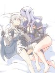  2girls armor barefoot black_armor black_panties blush bottomless breasts camilla_(fire_emblem_if) cape cleavage commentary female_my_unit_(fire_emblem_if) fire_emblem fire_emblem_if flauschtraut gloves hairband large_breasts long_hair looking_at_another lying multiple_girls my_unit_(fire_emblem_if) on_back open_mouth panties pillow pointy_ears purple_hair red_eyes silver_hair underwear wavy_hair yuri 