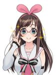  1girl a.i._channel adjusting_eyewear aqua_eyes bangs bespectacled blush bow bowtie breasts brown_hair buttons closed_mouth collarbone detached_sleeves eyebrows facing_viewer glasses hairband hand_up kizuna_ai lace lace-trimmed_sleeves lace_trim long_hair long_sleeves looking_at_viewer medium_breasts multicolored_hair over-rim_eyewear pink-framed_eyewear pink_hair pink_hairband sailor_collar school_uniform semi-rimless_eyewear serafuku shirt sidelocks simple_background sleeveless sleeveless_shirt sleeves_past_wrists smile solo soranaka_ame sparkle straight_hair streaked_hair striped striped_bow striped_neckwear two-tone_hair upper_body virtual_youtuber white_background white_sailor_collar 