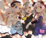  4girls abigail_williams_(fate/grand_order) ahoge bangs black_bow black_dress black_hat black_legwear black_neckwear black_ribbon blonde_hair blue_dress blush bow braid dress eyebrows_visible_through_hair facial_scar fate/grand_order fate_(series) gloves green_eyes hair_between_eyes hair_bow hair_ornament hat headpiece highres jack_the_ripper_(fate/apocrypha) jeanne_d&#039;arc_(fate)_(all) jeanne_d&#039;arc_alter_santa_lily long_hair looking_at_viewer lying multiple_girls neck_ribbon neckerchief nursery_rhyme_(fate/extra) on_back on_side open_mouth pantyhose pink_bow ribbon sailor_collar scar scar_across_eye scar_on_cheek shimotsuki_kagari shiny shiny_skin short_dress short_hair sleeveless sleeveless_dress smile thigh-highs tied_hair twin_braids violet_eyes white_dress white_gloves white_legwear yellow_eyes yellow_neckwear zettai_ryouiki 