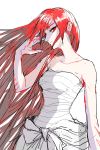  1girl bandage breasts chikuwa_oishii hand_in_hair highres long_hair looking_at_viewer medium_breasts red_eyes redhead sarashi shut_hell shut_hell_(character) simple_background sketch solo upper_body white_background 