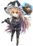  1girl :d alternate_costume bangs bent_elbow black_bodysuit black_hat blonde_hair bodysuit bow braid commentary_request covered_navel e.o. eyebrows_visible_through_hair foreshortening full_body hammer hat hat_bow highres holding holding_hammer kirisame_marisa legs_apart light_blush long_hair looking_at_viewer open_mouth power_suit raised_eyebrows side_braid simple_background single_braid smile solo standing star touhou white_background white_bow witch_hat yellow_eyes 