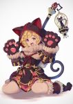  1girl 307_(aho307) :3 :d animal_hood belt birdcage black_dress blonde_hair blue_eyes boots cage cat cat_hood commentary_request dress fur_trim granblue_fantasy grey_background hands_up highres hood hood_up kuronekodoushi looking_at_viewer open_mouth paws pouch short_dress short_hair simple_background sitting smile solo staff wariza 