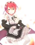  1girl apron black_ribbon brown_eyes choker detached_sleeves flower frilled_skirt frills hair_between_eyes hair_flower hair_ornament hair_ribbon highres maid maid_headdress miniskirt neck_ribbon purple_ribbon ram_(re:zero) re:zero_kara_hajimeru_isekai_seikatsu redhead ribbon shigure0730 short_hair simple_background skirt smile solo standing thigh-highs white_apron white_background white_flower white_legwear 