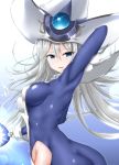  1girl absurdres arm_behind_head armpits ass bad_anatomy blue_eyes bodystocking breasts duel_monster erect_nipples error from_side gem hair_between_eyes hat highres kirikan large_breasts long_hair looking_at_viewer looking_back open_mouth silent_magician silver_hair smile solo staff very_long_hair wizard_hat yu-gi-oh! yuu-gi-ou_duel_monsters 
