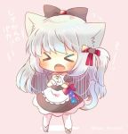  &gt;_&lt; 1girl :o american_flag american_flag_print animal_ears apron azur_lane bare_shoulders black_bow black_dress blush bow brown_background cat_ears cat_girl cat_hair_ornament cat_tail chibi closed_eyes commentary_request dress facing_viewer fang flag_print full_body hair_bow hair_ornament hammann_(azur_lane) hands_up kemonomimi_mode kouu_hiyoyo long_hair one_side_up open_mouth own_hands_together pantyhose puffy_short_sleeves puffy_sleeves red_bow short_sleeves silver_hair solo standing strapless strapless_dress tail translated very_long_hair waist_apron white_apron white_legwear wrist_cuffs 