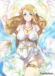  1girl armband blue_eyes blush braid breasts brown_hair cleavage dress flower hair_flower hair_ornament himekiss jewelry lily_(flower) long_hair looking_at_viewer maru-kichi medium_breasts necklace official_art outstretched_arms smile solo thigh_strap white_dress white_wings wings 