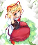  1girl :d arms_up bangs blonde_hair blue_eyes blurry blurry_foreground blush bow brown_shirt commentary_request depth_of_field eyebrows_visible_through_hair fingernails flower flower_wreath fukiaki grass hair_between_eyes hair_ribbon head_wreath highres looking_at_viewer looking_to_the_side looking_up medicine_melancholy on_grass open_mouth puffy_short_sleeves puffy_sleeves red_footwear red_ribbon red_skirt ribbon shirt short_hair short_sleeves sitting skirt smile solo touhou wariza white_bow white_flower 